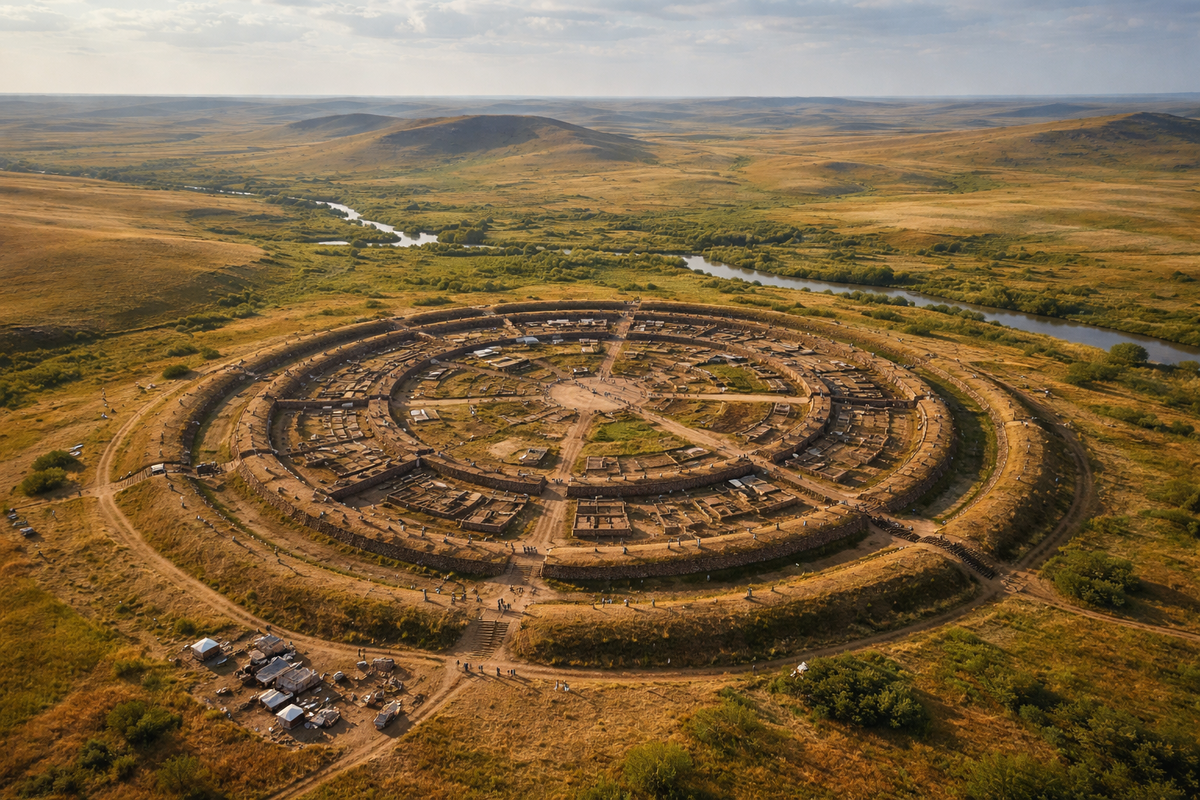 Аэроснимок Аркаима. Именно такая круговая планировка древнего города до сих пор вызывает споры среди археологов.
