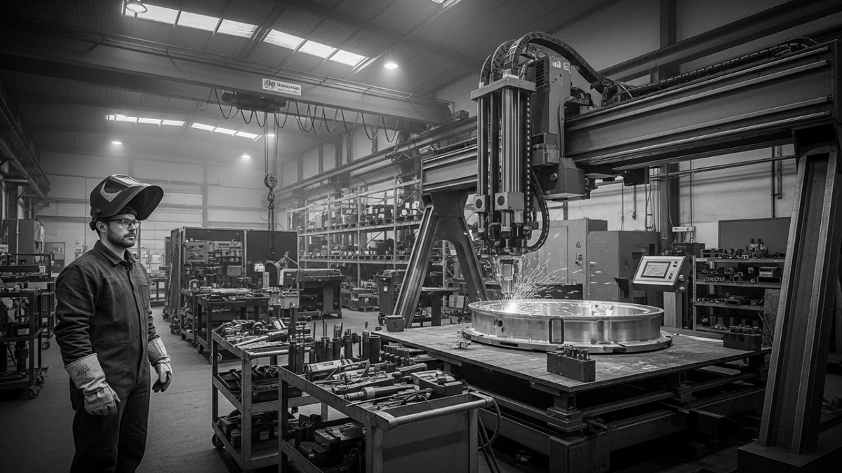 Промышленный цех: массивный 3D принтер для печати металла в окружении оборудования. В кадре — оператор в защитной одежде на фоне рабочей зоны