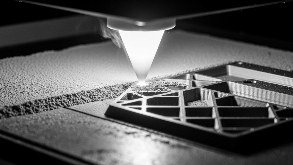 Крупный план 3D принтера в процессе печати металлической детали: виден лазерный луч, слой металлического порошка, чёткие линии формирования структуры.
