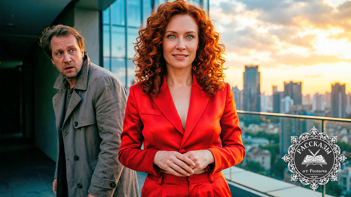 Красивая женщина с рыжими волосами и зелеными глазами, в ярко-красном деловом костюме из плотного шелка. Она стоит на фоне городского заката, на ее лице холодная торжествующая улыбка. Позади нее, в тусклых тенях, растерянный мужчина в помятом пальто смотрит ей вслед. Фокус на лице героини и блеске ее глаз.