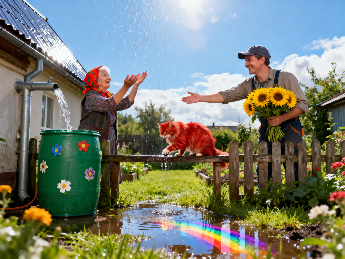 Даже дождь может быть поводом для дружбы, если вода с крыши течёт не в подвал, а в бочку и в сердце ☔💚