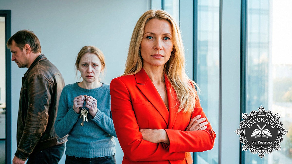 Женщина, светлый блонд, голубые глаза, в ярко-красном деловом костюме, стоит у окна кабинета, сложив руки на груди. Её лицо выражает холодное торжество. На заднем плане Елена, бледная, в дешевой кофте, прижимает к себе связку ключей. В дверях виден уходящий, сгорбленный Кирилл в кожаной куртке. Фокус на лице.