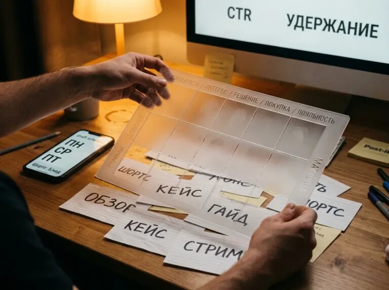    Шаблон-сетка упорядочивает идеи по воронке и форматам — шаг к системной публикации на YouTube. "Kontenium"