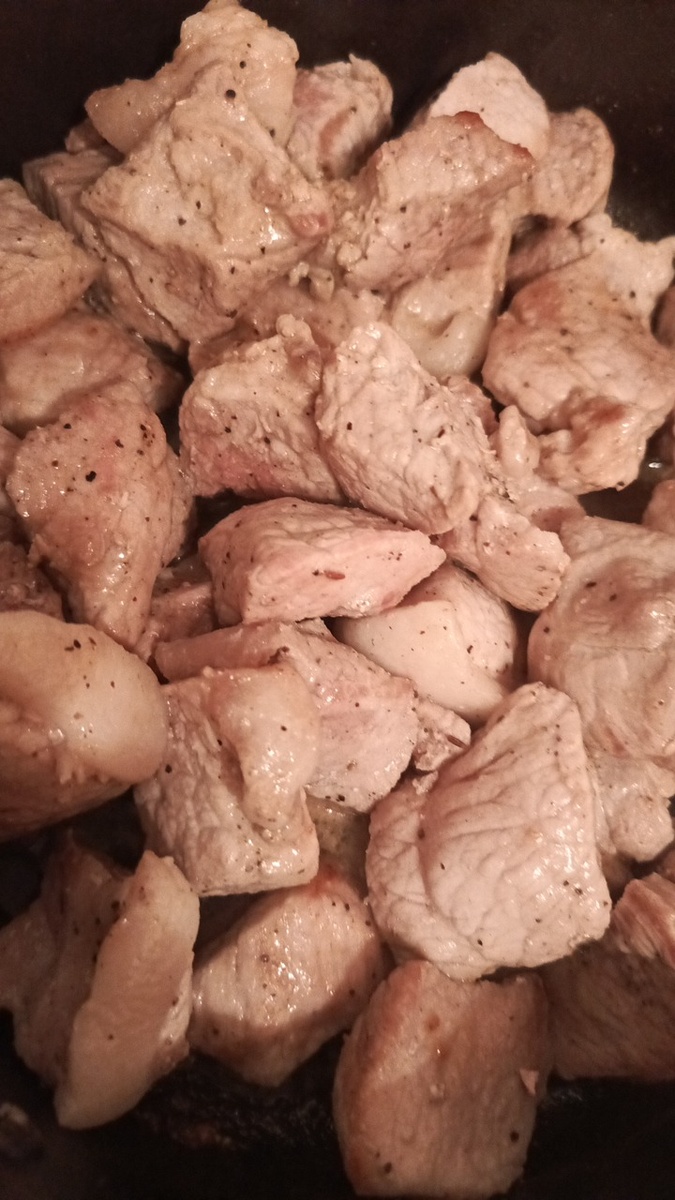 Мясо, нарезанное кусочками, слегка обжарить на разогретом растительном масле. Фото автора.