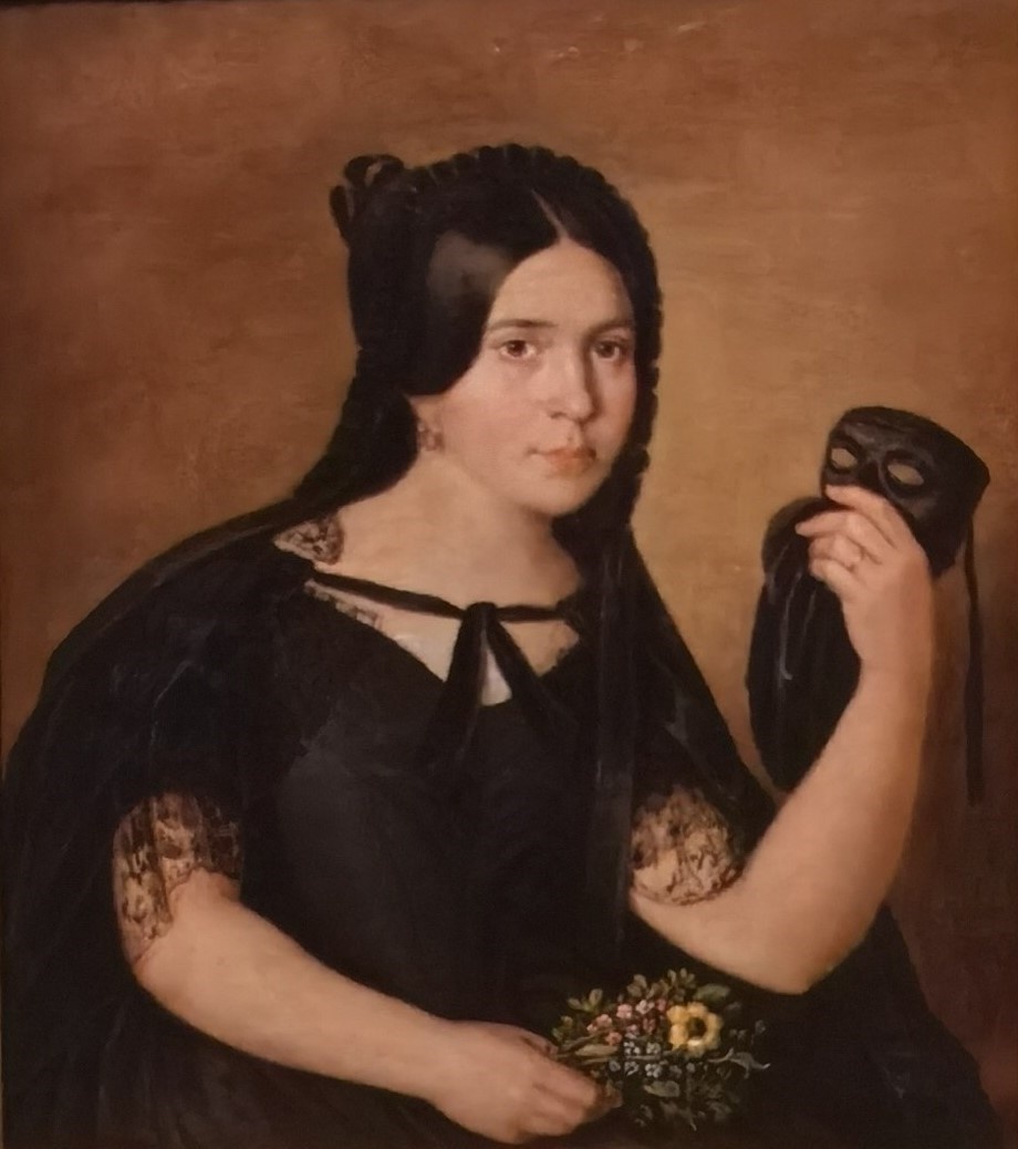 Неизвестный художник. Женский портрет с маской. 1845. Холст, масло. Рыбинский ГХИАиХМЗ