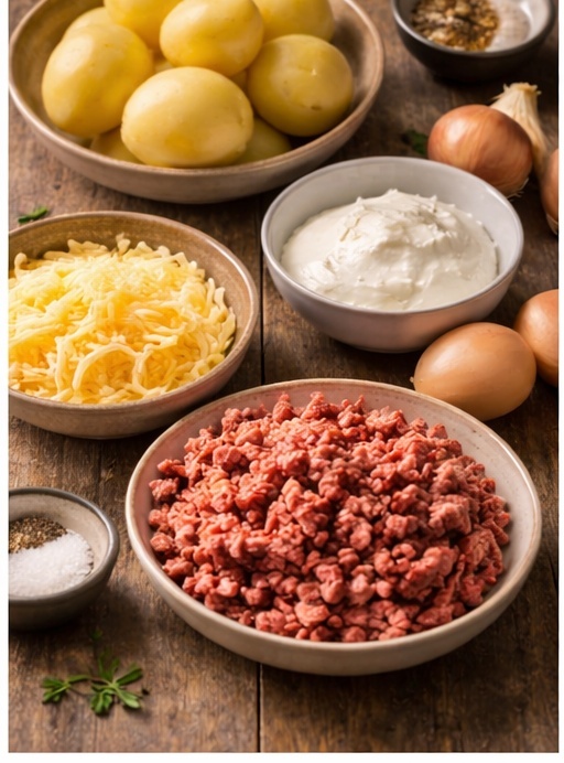 Картофель — 1 кг.                                                                                                        Говяжий фарш — 500 г.                                                                                                 Лук репчатый — 2 головки.                                                                                 Сыр твёрдый — 150 г.                                                                                        Сметана — 200 г.                                                                                                                         Яйца — 2 штуки (для заливки).                                                             Масло сливочное — 50 г (в пюре).                                          Молоко тёплое — 100 мл (в пюре).                                                   Чеснок — 3 зубчика.                                                                                                   Томатная паста — 1 столовая ложка.                                      Соль, перец, паприка — по вкусу.                                                     Масло растительное — для жарки.                                     