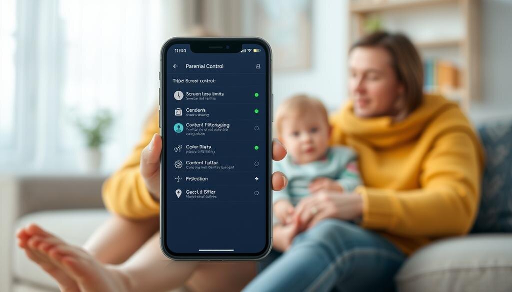    Смартфон с настройками родительского контроля на фоне уютного семейного окружения
