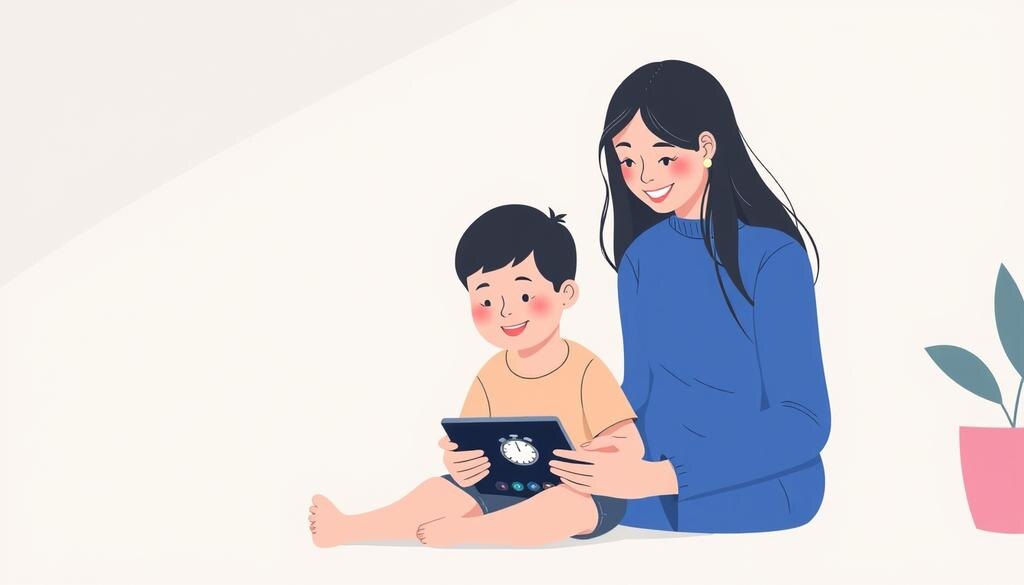    Родитель обучает ребенка устанавливать лимиты времени на Android устройстве