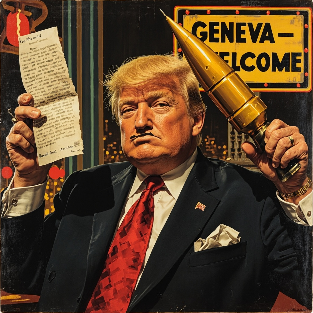  Трамп в образе гангстера из 1920-х годов : в одной руке - мирный  договор, в другой - золотая ракета . На табличке надпись : "Женева. Добро пожаловать! ". 
