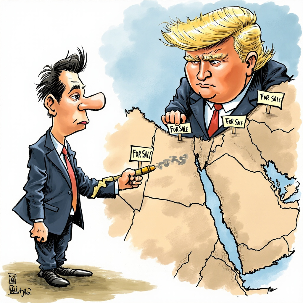  Опытный агент по недвижимости Джаред Кушнер , который золотым маркером пишет  на карте Ближнего Востока "Продаётся". 