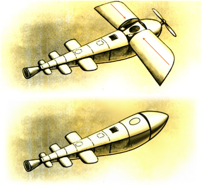 Трансформация космического корабля Цандера. Внешний вид корабля в начале полета - иллюстрация из книги Анатолия Шибанова «Заботы космического архитектора». Внешний вид корабля за пределами атмосферы – иллюстрация обработана при помощи Qwen автором заметки.
