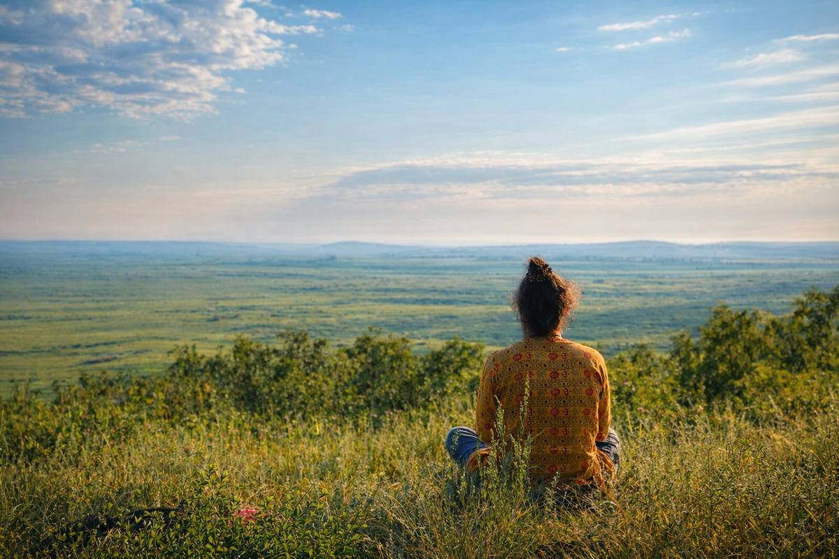 Степное пространство вокруг Аркаима. Именно эта открытость и масштаб часто становятся первым сильным впечатлением для приезжающих сюда людей.