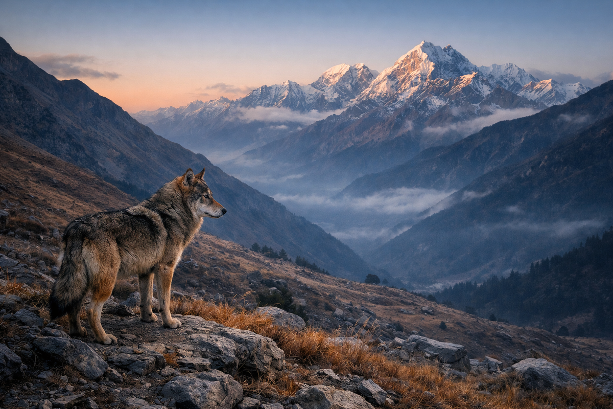 Высокогорный пейзаж Непала на рассвете. Каменистые склоны, сухие травы, снежные вершины вдали. На переднем плане стоит одинокий гималайский волк и смотрит в сторону долины.