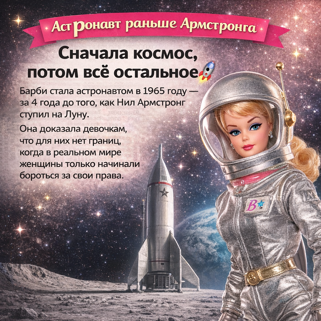 Барби стала астронавтом в 1965 году — за 4 года до того, как Нил Армстронг ступил на Луну