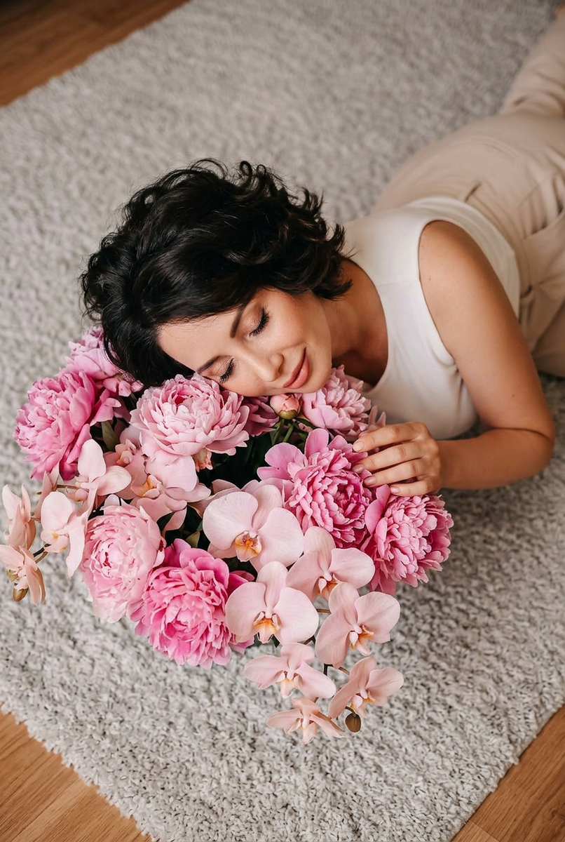 Образ фото: На полу с букетом