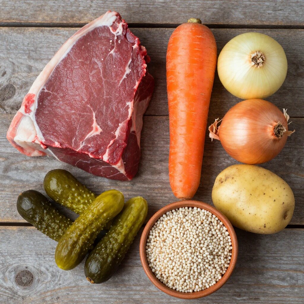 Говядина на кости — 500 г.                                                                     Перловая крупа — 100 г (замоченная с вечера).                    Огурцы солёные — 4 штуки.                                                                       Огуречный рассол — 150 мл.                                                                    Картофель — 4 штуки.                                                                                              Морковь — 1 штука.                                                                                                                Лук репчатый — 2 головки.                                                                                  Томатная паста — 1 столовая ложка.                                                Масло растительное — для жарки.                                             Лавровый лист — 2 штуки.                                                                                    Перец чёрный горошком — 5 штук.                                                       Соль — по вкусу в самом конце.                                                        Сметана и зелень — для подачи.                                         