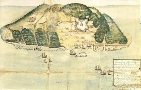 остров Tortuga, главная "малина" карибских пиратов, рисунок 17го столетия, из сети