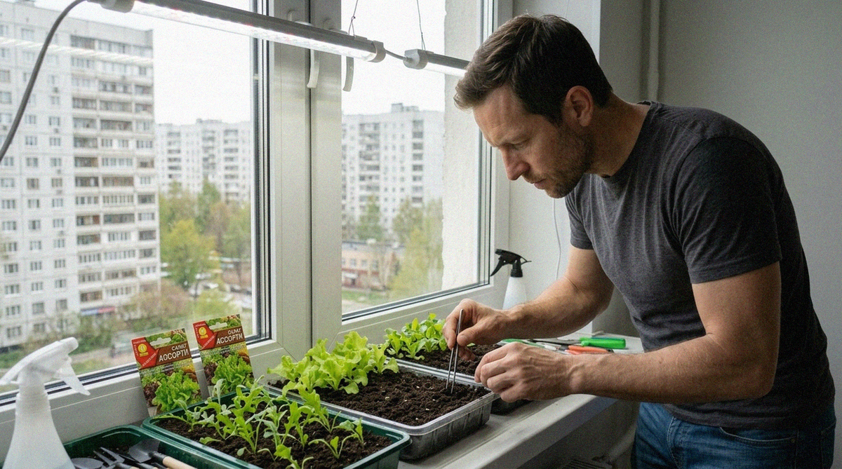 Посадка семен салата в контейнер на подоконнике