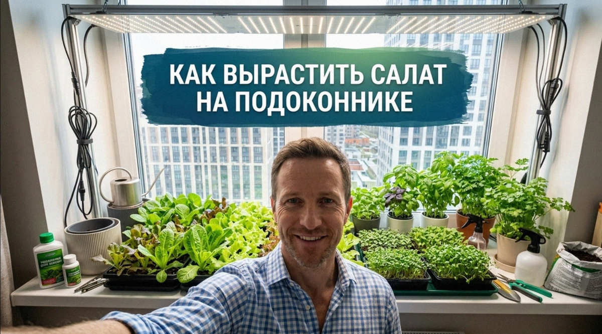 Свежий зеленый салат, выращенный в домашних условиях на подоконнике