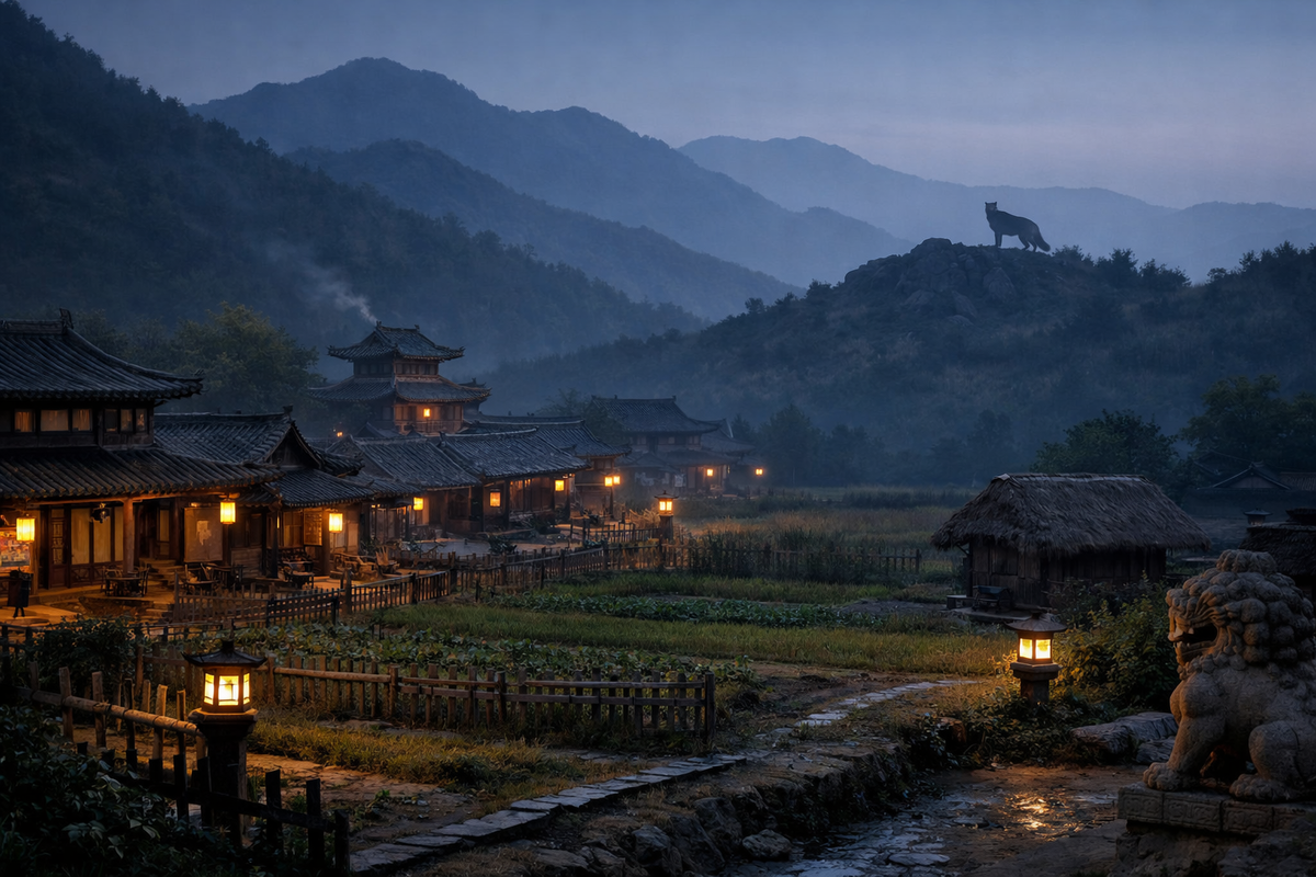 Древняя китайская деревня у подножия гор вечером. На переднем плане — поля, заборы, фонари, домашний порядок оседлой жизни. На дальнем холме в сумерках виден одинокий волк как чужая дикая сила за границей человеческого мира.