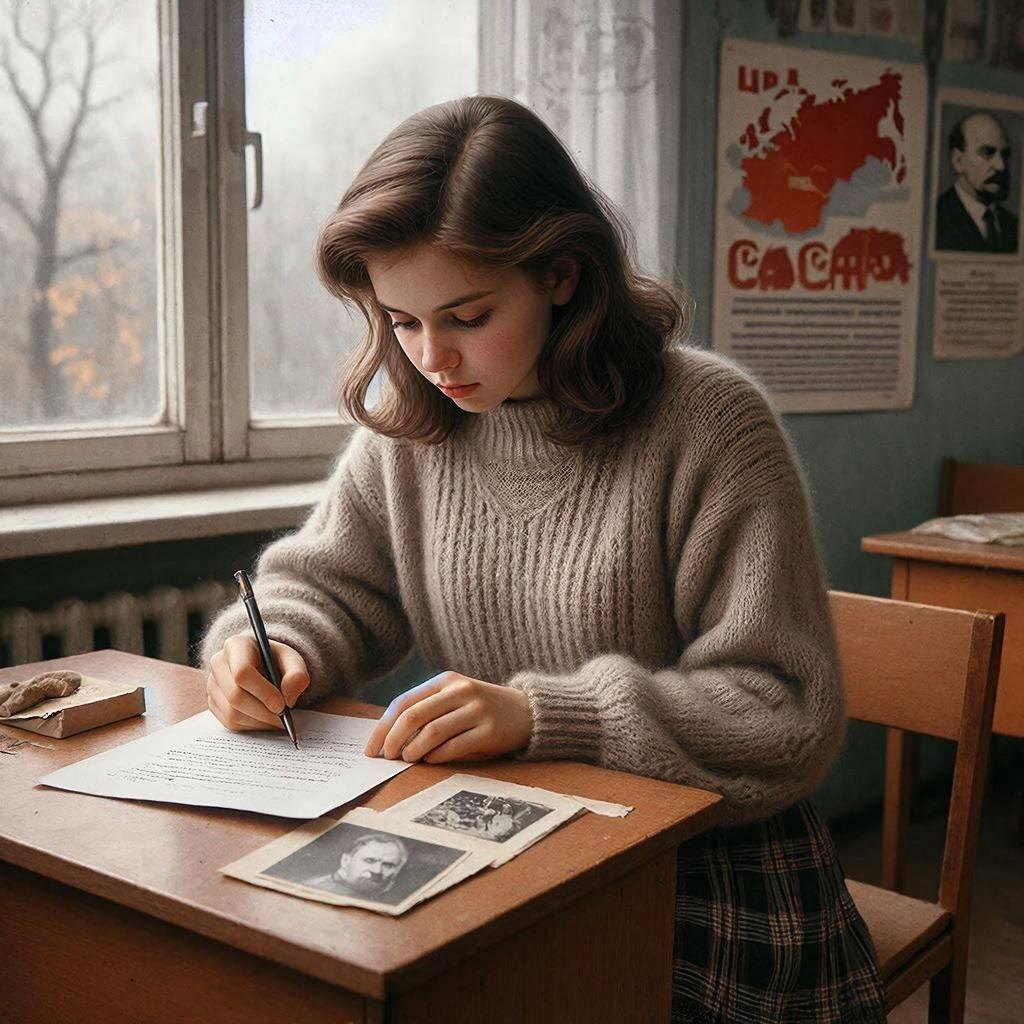 Нейросеть - женщина творческая. Так она видит студентку, которая пишет письмо в армию. И фото Дзержинского рядом. Наверное, сейчас вложит, порадует служивого.