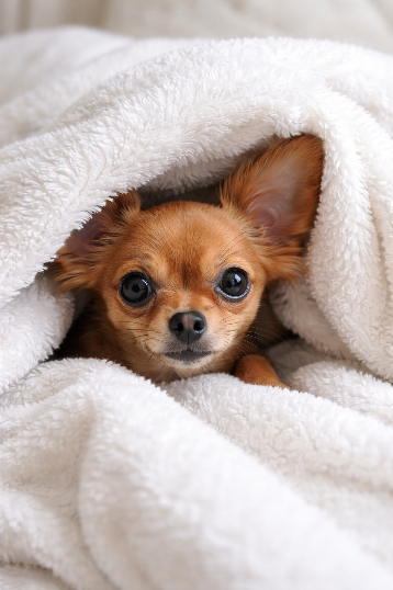 той-терьер прячется под плед