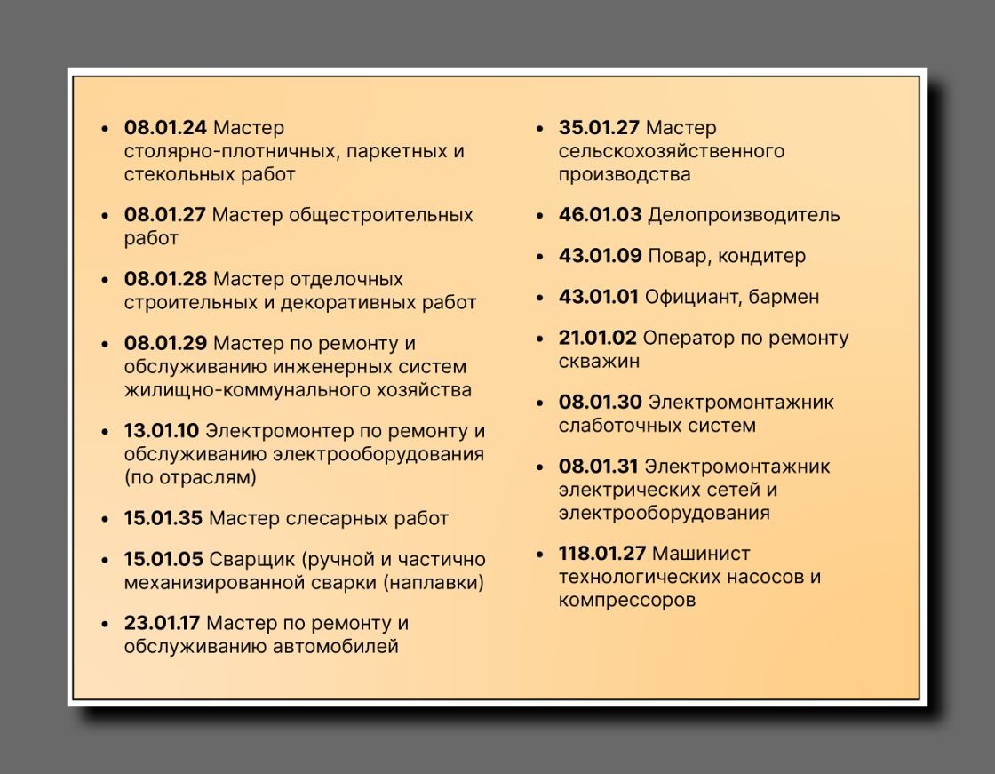 В 2026-м на эти специальности в Сургутский политехнический колледж смогут поступить выпускники 9 класса, которые сдали всего два ОГЭ. Скриншот https://t.me/SurgutPK