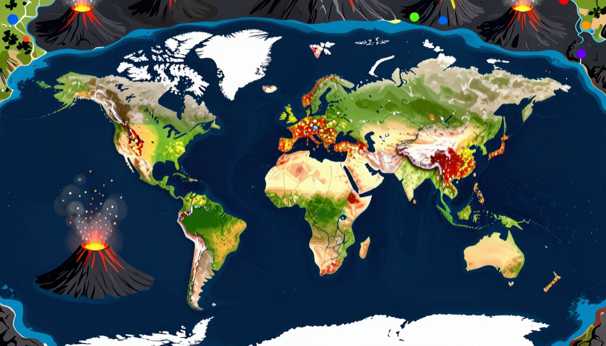 Иллюстрация карта с частотой извержения вулканов