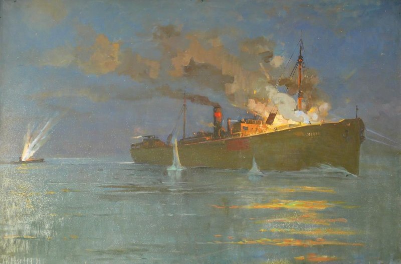 Современная художественная реконструкция ночного боя 16 мая 1942 года у берегов Австралии, когда советский транс«Уэлен» отразил атаку японской подводной лодки I-29. На картине видны следы повреждений судна: перебитый паропровод, сбитая грузовая стрела и вспышки орудийного огня.