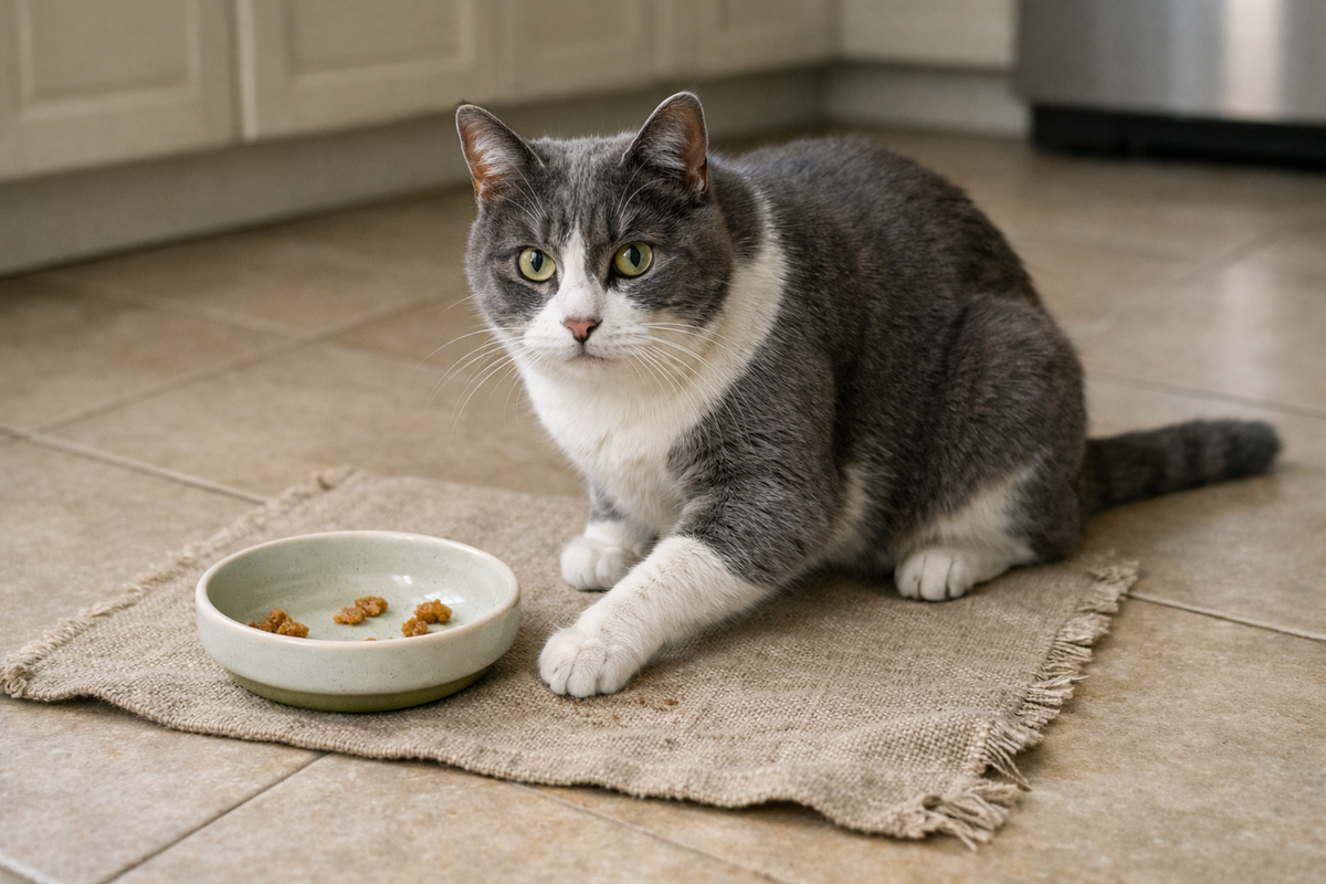 Кошка у миски будто спорит с едой, хотя причина часто не в корме