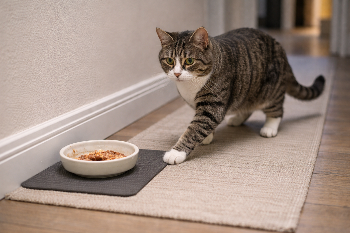 Жест у миски часто больше похож на попытку спрятать еду на потом