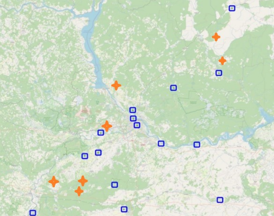Места установки автономных автоматических станций контроля поверхностных вод "Буян"
(синие прямоугольники), и места отбора проб в ходе маршрутных наблюдений (оранжевые крестики) на территориальной наблюдательной сети Нижегородской области в 2025 году