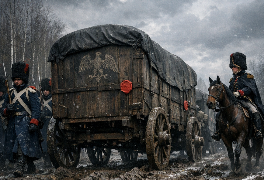 Отступление Великой армии: 200 фургонов с сокровищами под конвоем гвардии на заснеженной дороге. Визуализация событий