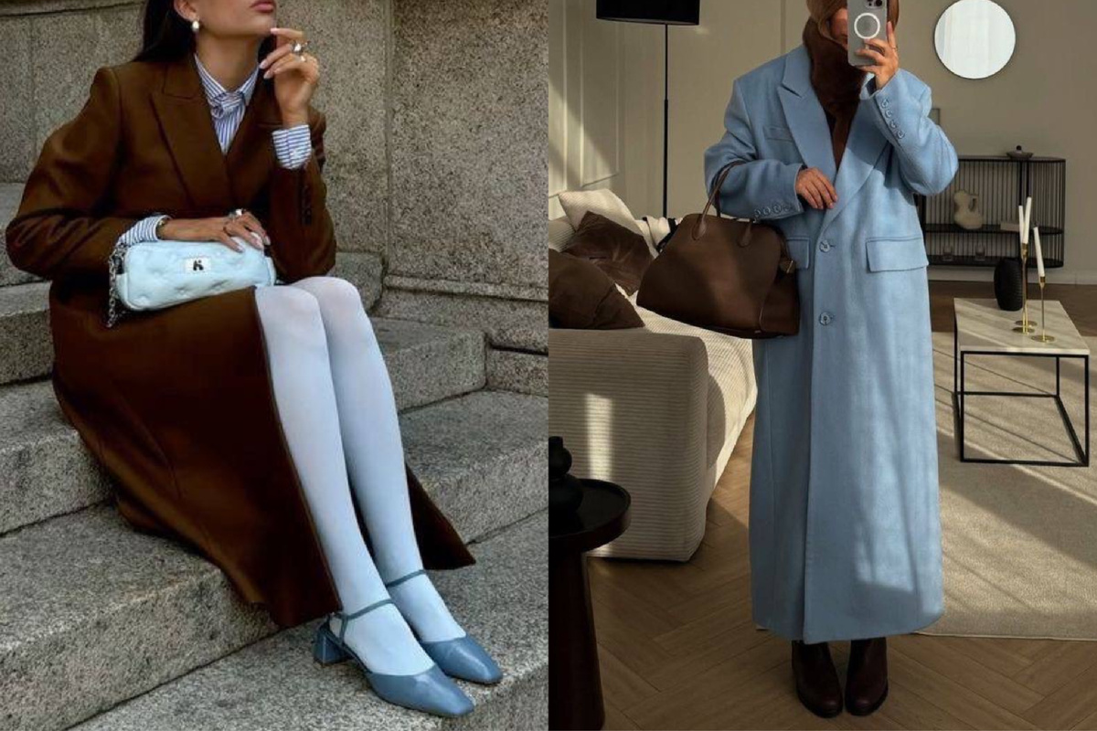 Голубые колготки с шоколадным пальто покорили моё сердечко)