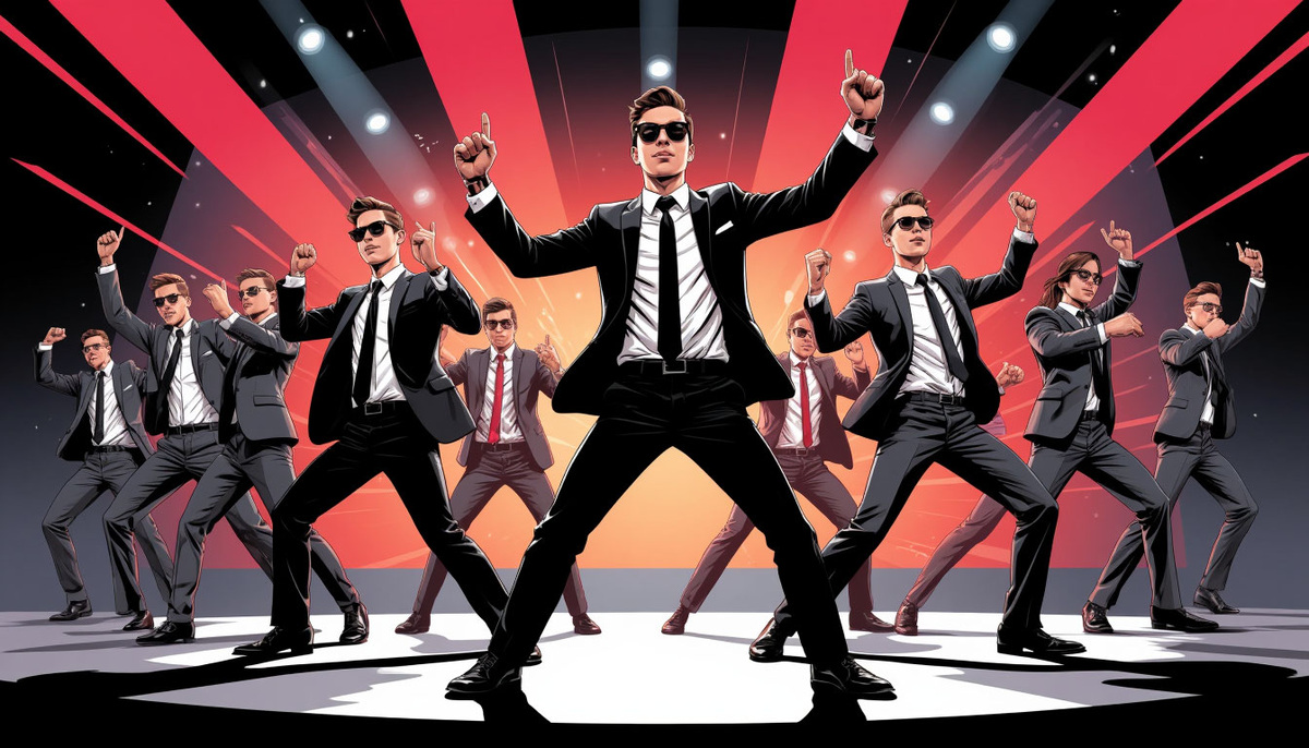 Современные молодежные танцы (почему-то в офисных костюмах) по представлению ИИ Шедеврум