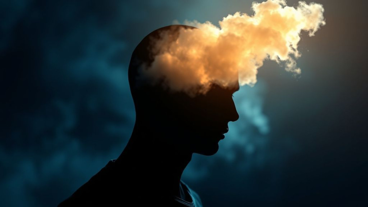  Иллюстрация головы или силуэта человека, из которого исходят светящиеся мысли или мысли в виде облаков, показывающая умственное напряжение перед сном