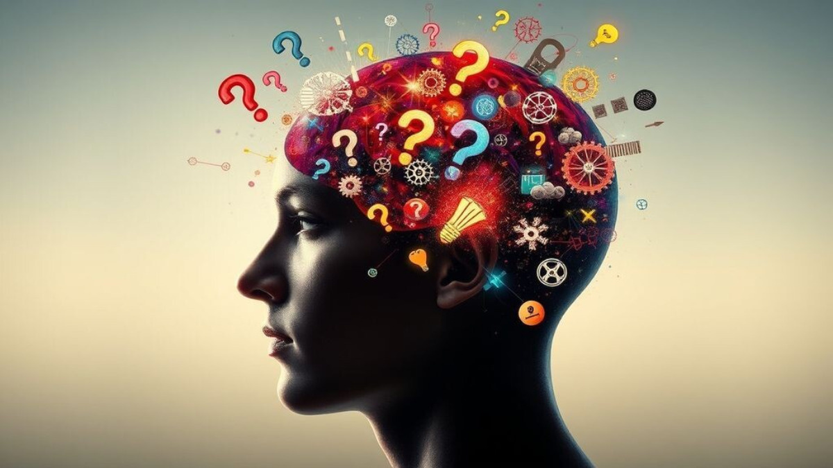 . Изображение мозга или головы с множеством мыслей, облаков или символов (например, знаков вопроса, лампочек), символизирующих активный ум и постоянный поток мыслей.