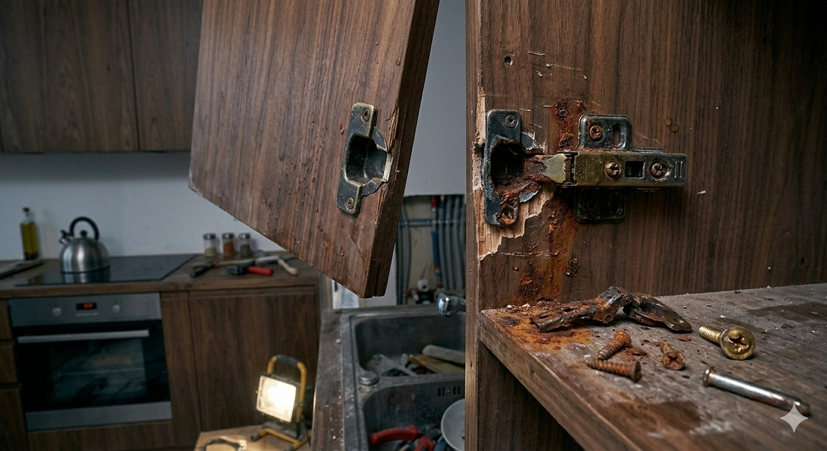 Сломанная дешёвая петля на кухонном шкафу.