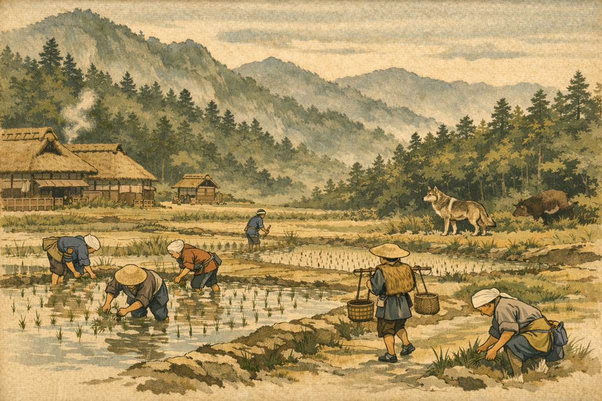 Японская деревня прошлого у подножия лесистых гор. Небольшие рисовые поля, крестьяне работают на земле. На дальнем краю поля, у линии леса, стоит волк и смотрит в сторону зарослей, где скрываются кабаны. Атмосфера напряжённой, но гармоничной связи человека и природы.