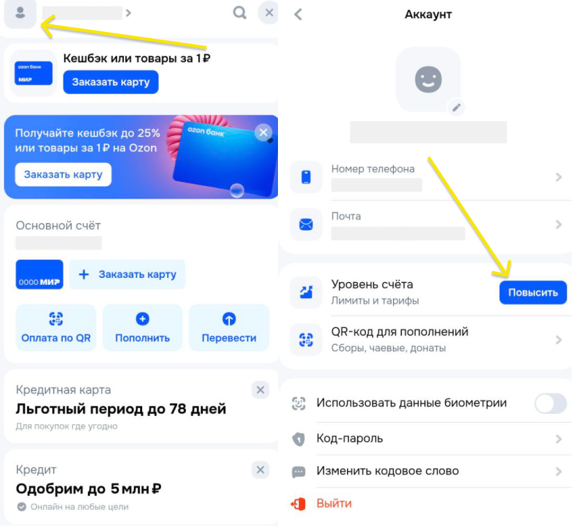 Озон-банк: Профиль - Уровень счета - Повысить