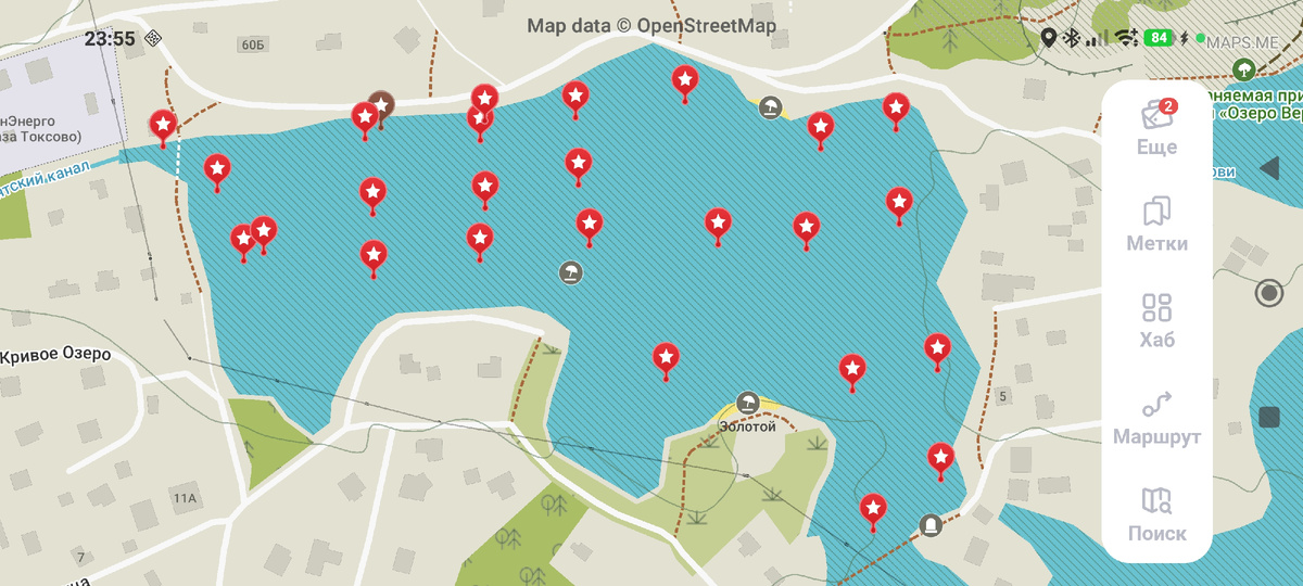 Каждая красная точка - это прорубь. Проруби сделанные сегодня - 9 шт. Всего - 26 шт.