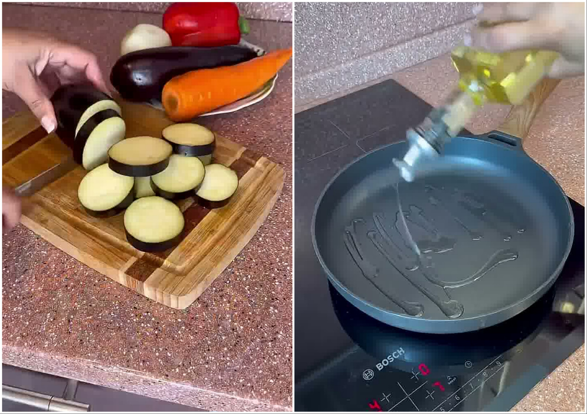 📸 Баклажаны нарезаем кружочками и наливаем растительное масло на сковороду.