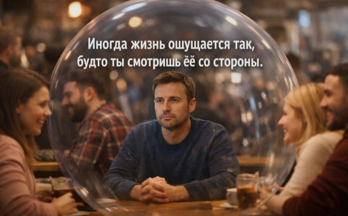 Мужчина в шаре среди людей, изображение состояния внутренней дистанции и отстранённости. 