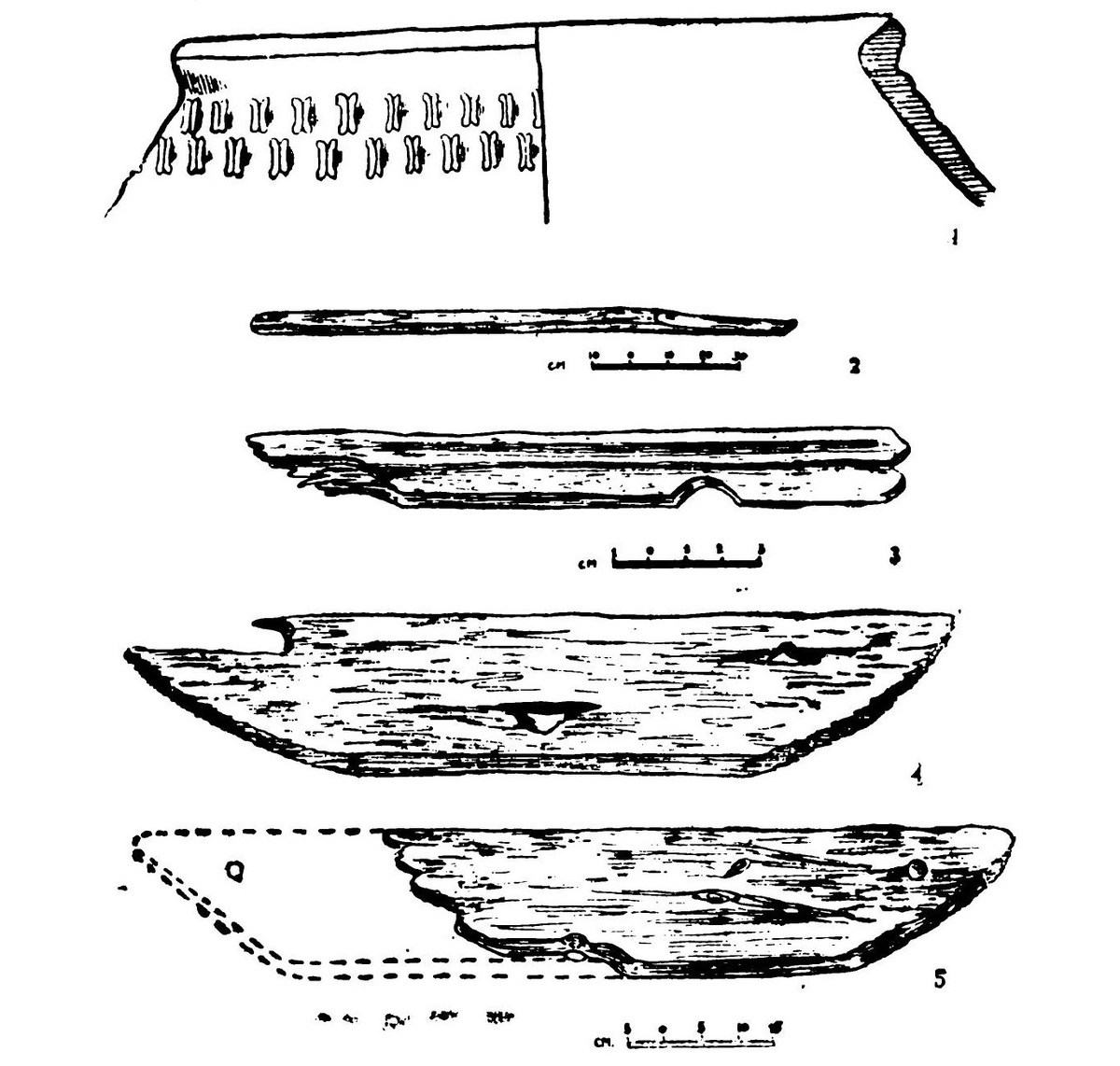 Царев Курган. 1— фрагмент сосуда; 2 — 5 — деревянные части погребальной колесницы (?).