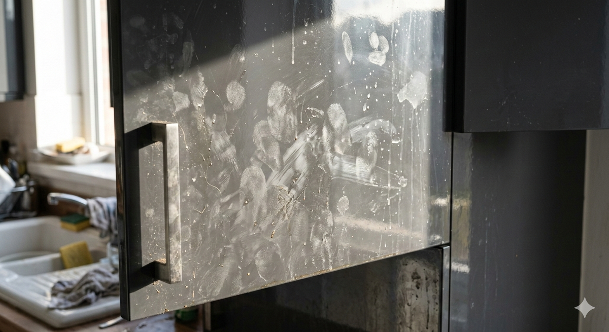 Грязный глянцевый фасад с отпечатками пальцев.