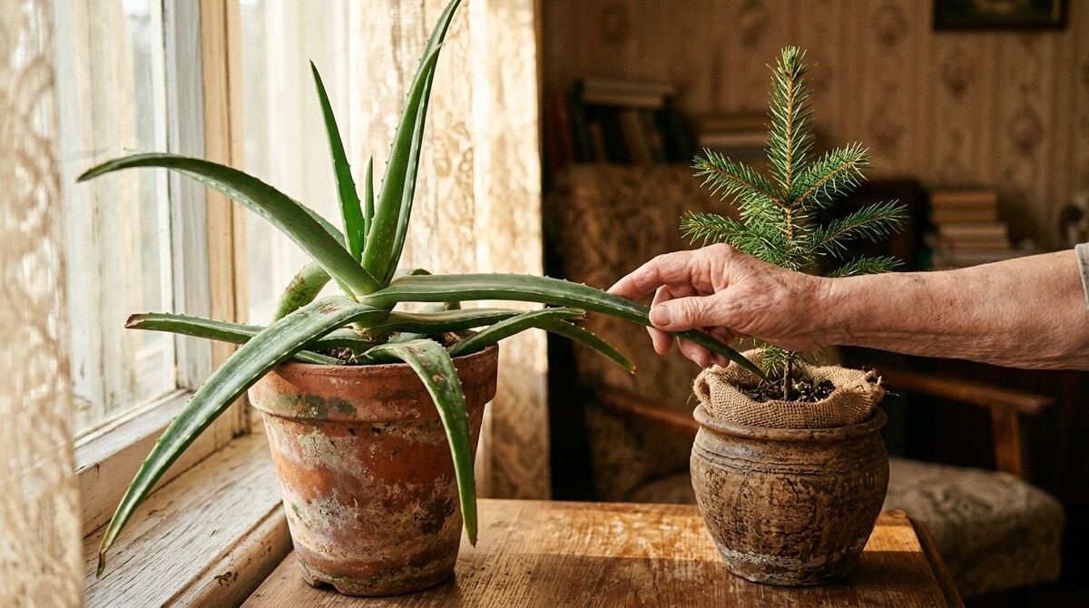 Старый столетник алоэ в глиняном горшке на подоконнике