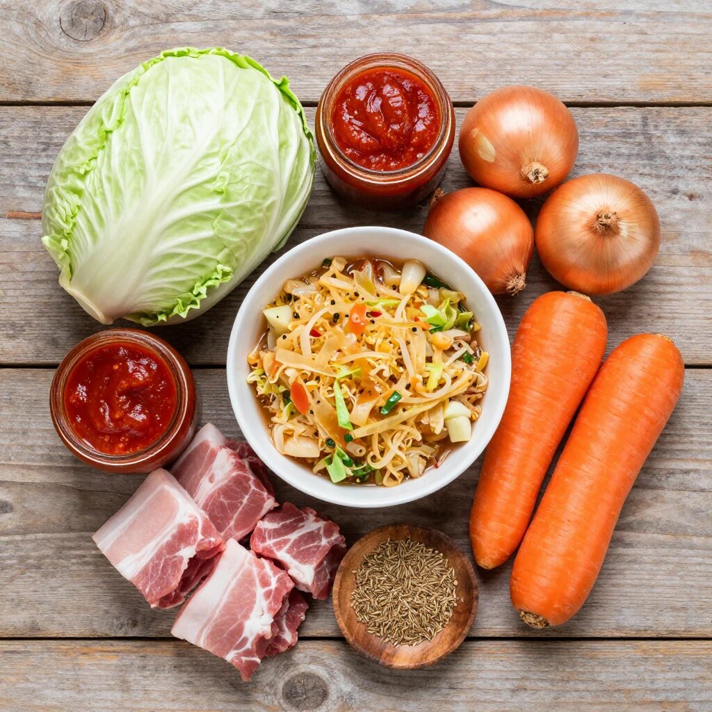 Свинина (шея или лопатка) — 500г.                                       Капуста свежая — 600 г.                                                                                       Капуста квашеная — 300 г.                                                                                       Лук репчатый — 2 головки.                                                                          Морковь — 1 штука.                                                                                           Томатная паста — 2 столовых ложки.                                        Чеснок — 3 зубчика.                                                                                                        Лавровый лист — 2 штуки.                                                                                   Тмин — половина чайной ложки (изюминка!).              Соль, перец, паприка — по вкусу.                                                   Масло растительное — для жарки.                                                         Вода или бульон — 150 мл.                                                   