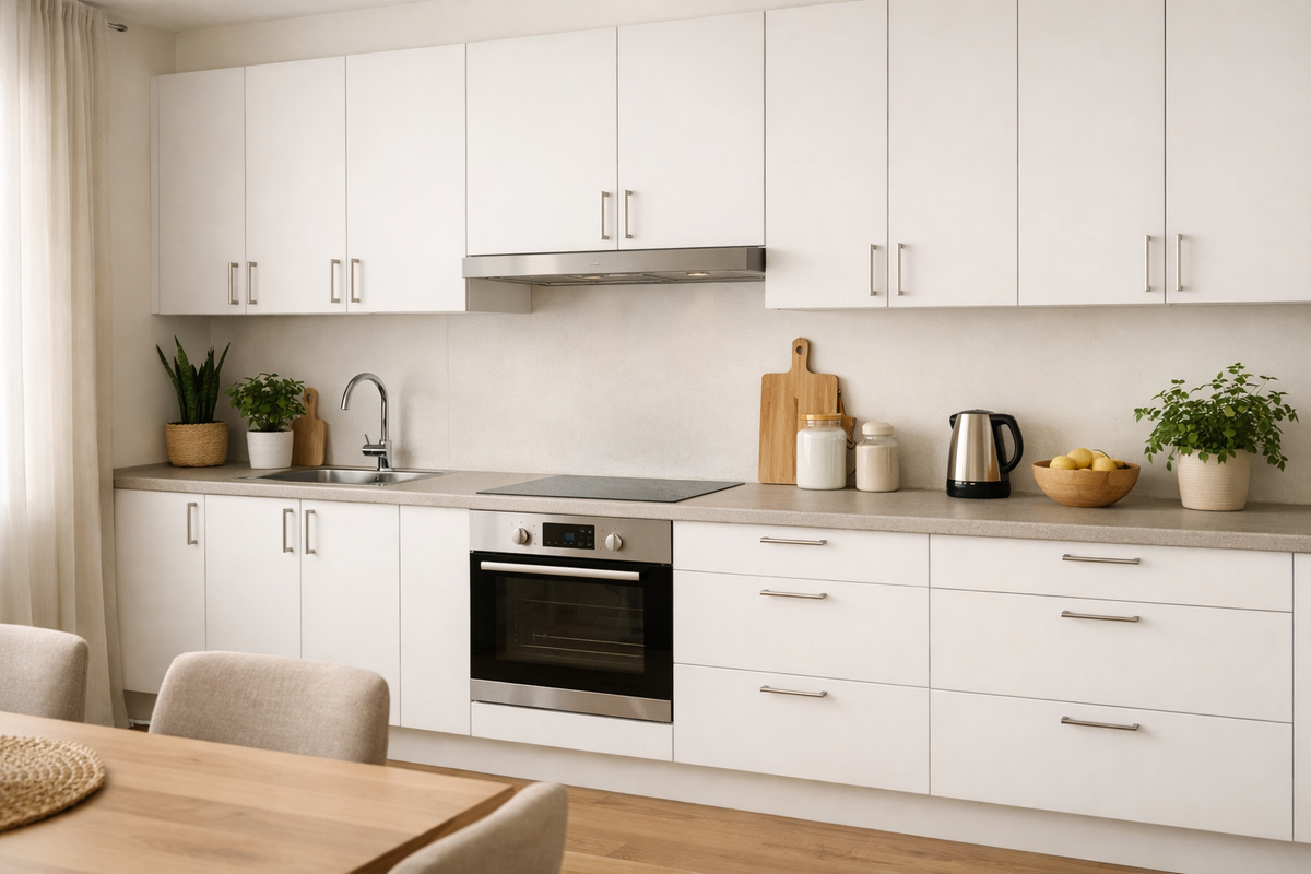 Светлая кухня в скандинавском стиле со столешницей из пластика под камень