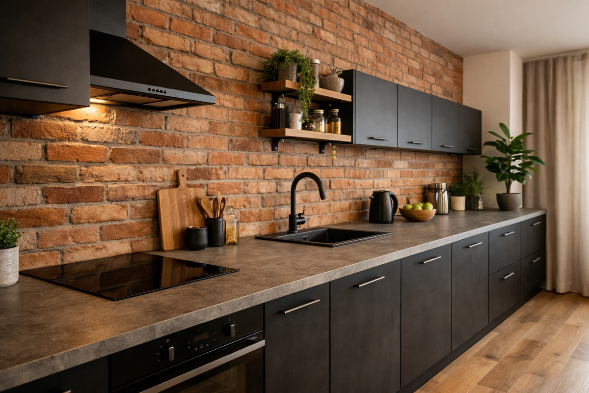 Кухня в стиле лофт с пластиковой столешницей под бетон