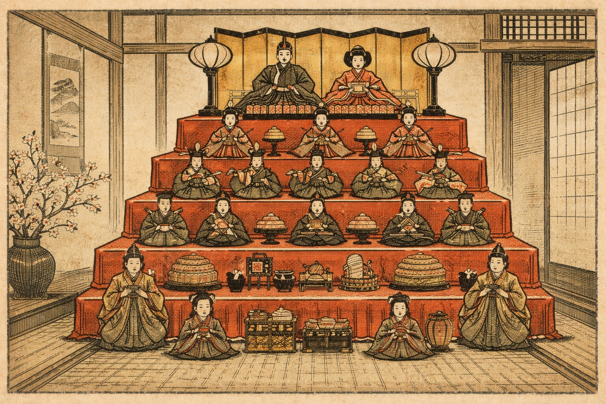 Главным элементом праздника была иерархическая композиция кукол  — хина-нингё